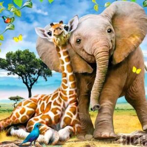 Diamond painting blije giraffe met olifant