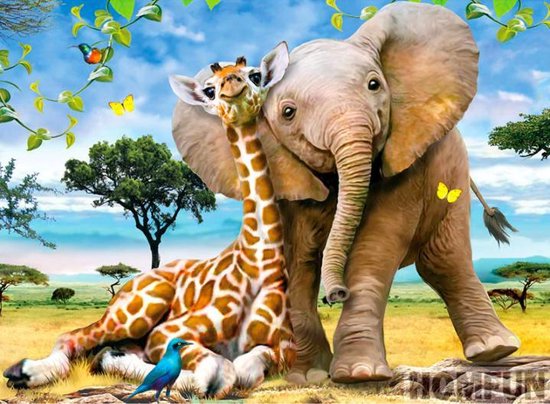 Diamond painting blije giraffe met olifant